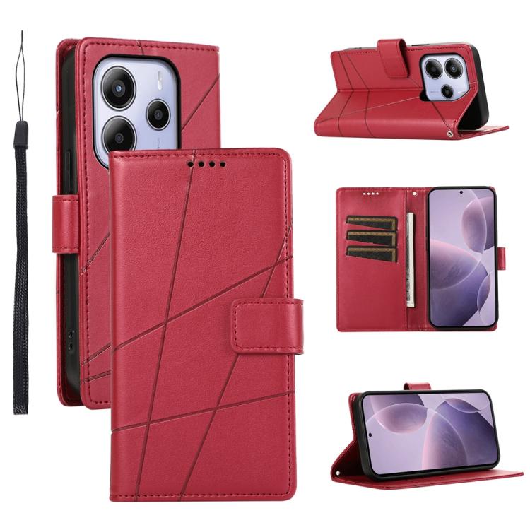

For Redmi Note 14 4G 163.25mm Global PU Genuine Leather Texture Embossed Line Phone Case(Red)