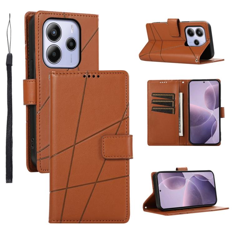 

For Redmi Note 14 4G 163.25mm Global PU Genuine Leather Texture Embossed Line Phone Case(Brown)