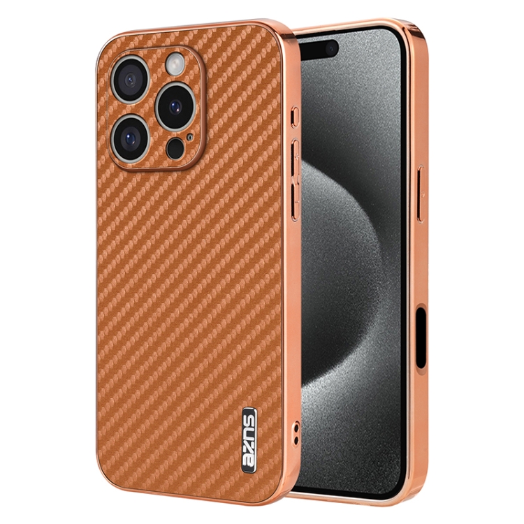 

For iPhone 16 Pro AZNS Electroplated Edge Carbon Fiber Texture Phone Case(Brown)
