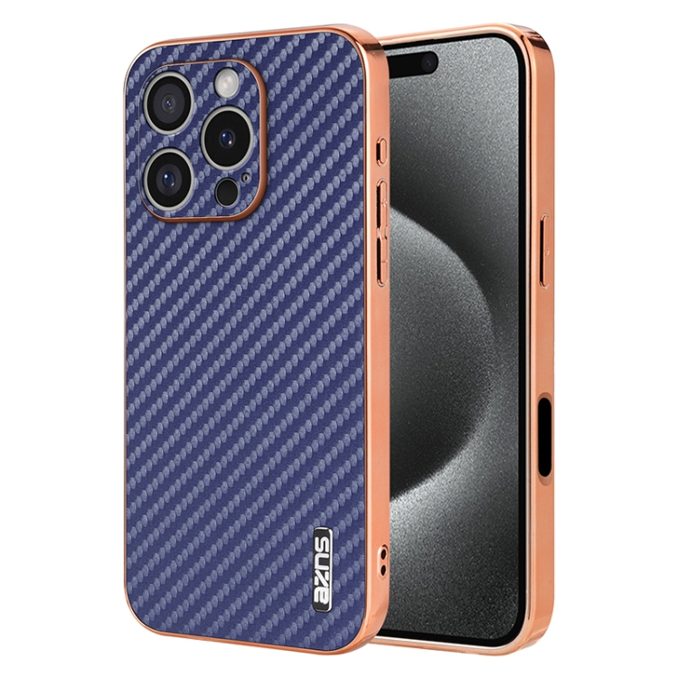 

For iPhone 16 Pro AZNS Electroplated Edge Carbon Fiber Texture Phone Case(Blue)