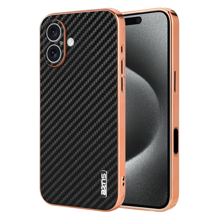 

For iPhone 16 Plus AZNS Electroplated Edge Carbon Fiber Texture Phone Case(Black)