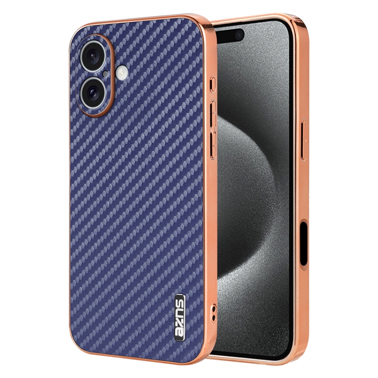 

For iPhone 16 Plus AZNS Electroplated Edge Carbon Fiber Texture Phone Case(Blue)