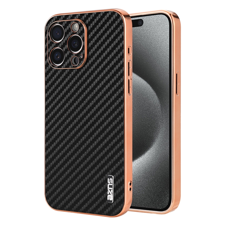 

For iPhone 15 Pro AZNS Electroplated Edge Carbon Fiber Texture Phone Case(Black)