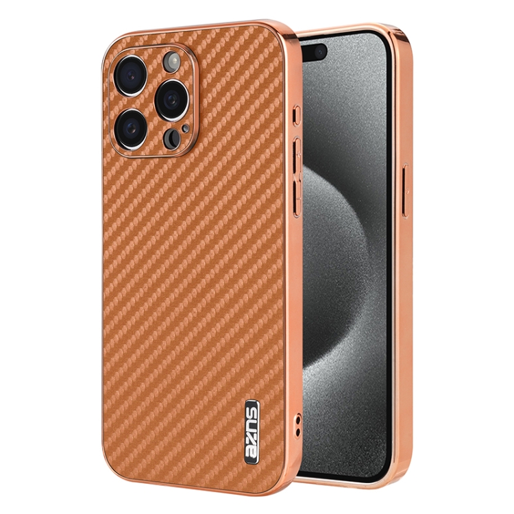 

For iPhone 15 Pro AZNS Electroplated Edge Carbon Fiber Texture Phone Case(Brown)
