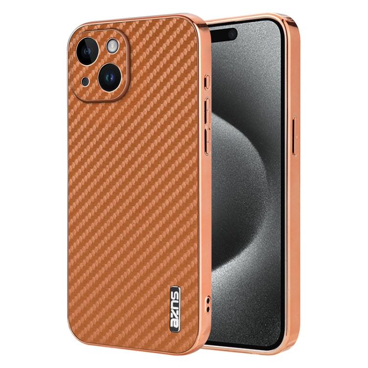 

For iPhone 15 Plus AZNS Electroplated Edge Carbon Fiber Texture Phone Case(Brown)