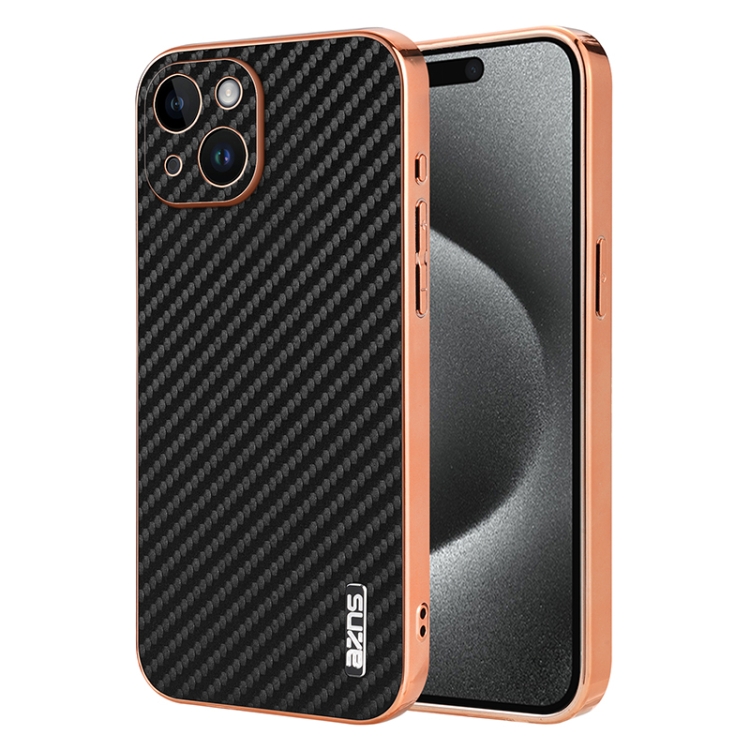 

For iPhone 14 Plus AZNS Electroplated Edge Carbon Fiber Texture Phone Case(Black)