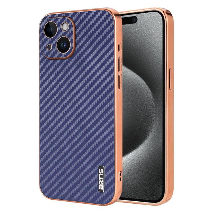 

For iPhone 14 AZNS Electroplated Edge Carbon Fiber Texture Phone Case(Blue)
