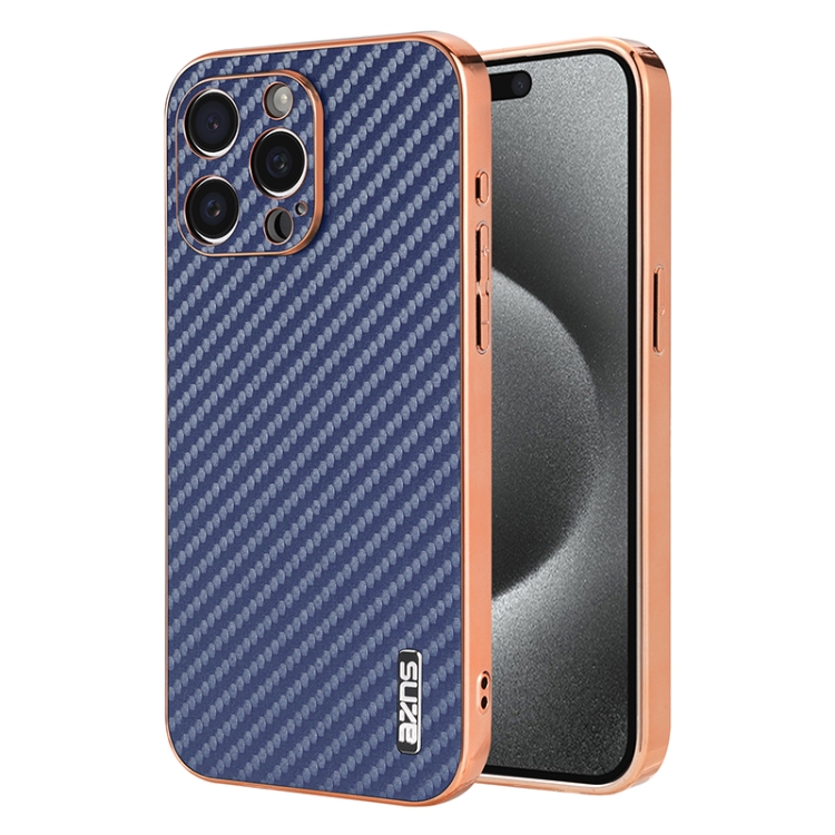 

For iPhone 14 Pro Max AZNS Electroplated Edge Carbon Fiber Texture Phone Case(Blue)