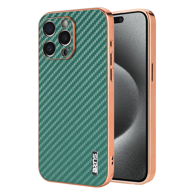 

For iPhone 14 Pro Max AZNS Electroplated Edge Carbon Fiber Texture Phone Case(Green)