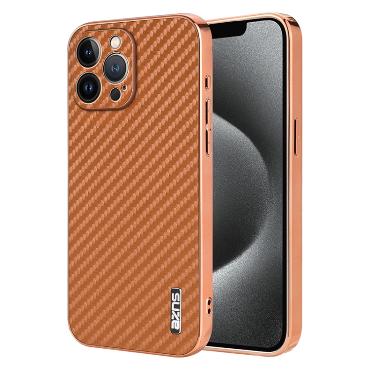 

For iPhone 13 Pro AZNS Electroplated Edge Carbon Fiber Texture Phone Case(Brown)