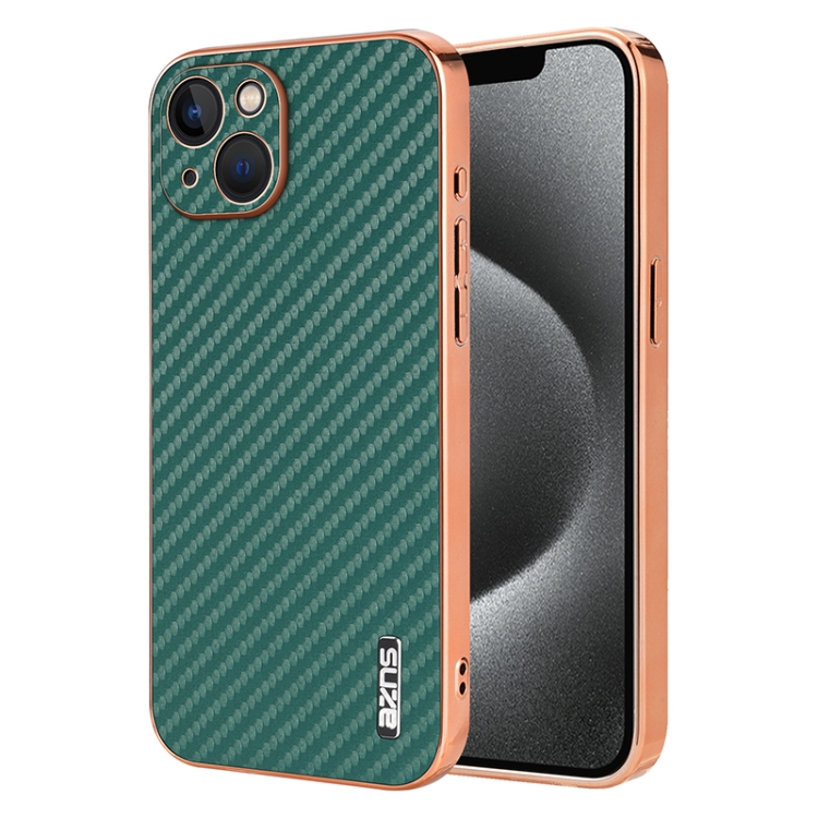 

For iPhone 13 AZNS Electroplated Edge Carbon Fiber Texture Phone Case(Green)