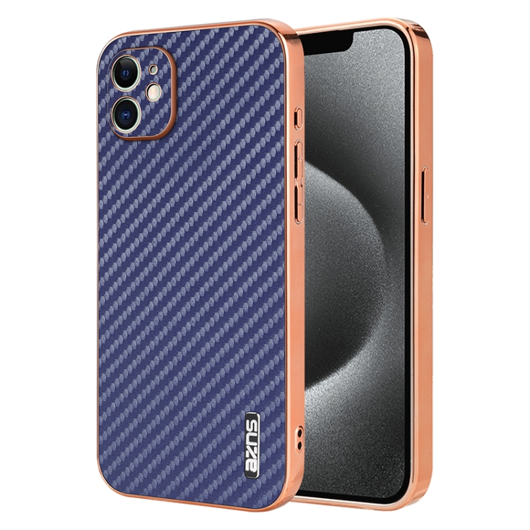 

For iPhone 12 AZNS Electroplated Edge Carbon Fiber Texture Phone Case(Blue)