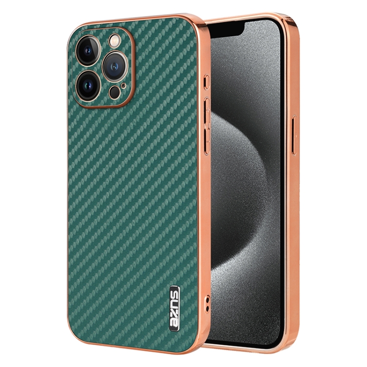 

For iPhone 12 Pro Max AZNS Electroplated Edge Carbon Fiber Texture Phone Case(Green)