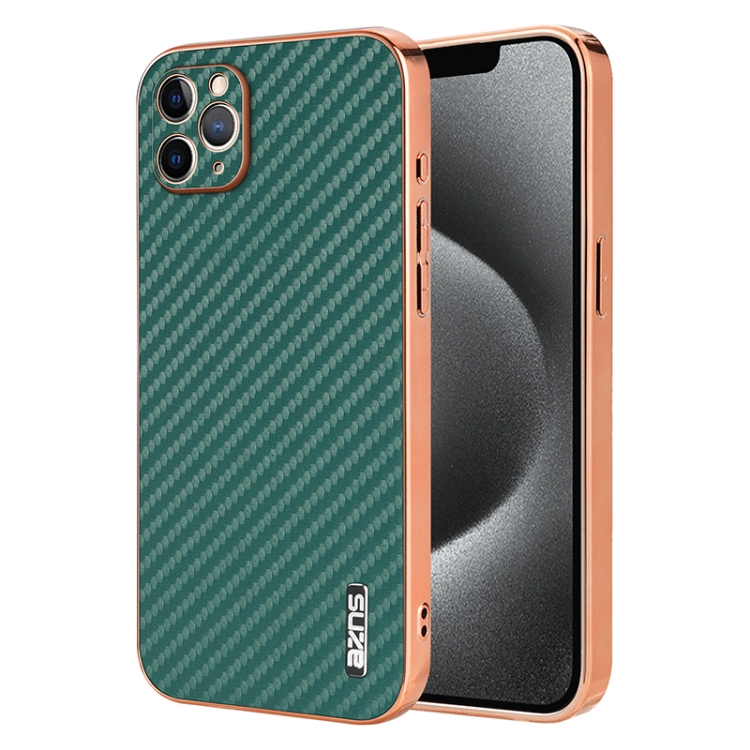 

For iPhone 11 Pro AZNS Electroplated Edge Carbon Fiber Texture Phone Case(Green)