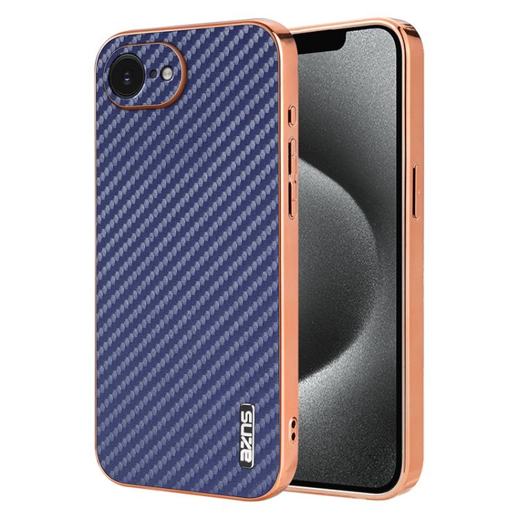 

For iPhone 16e AZNS Electroplated Edge Carbon Fiber Texture Phone Case(Blue)
