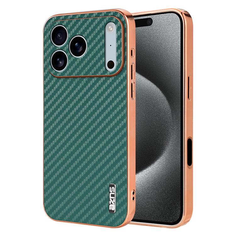 

For iPhone 17 Pro AZNS Electroplated Edge Carbon Fiber Texture Phone Case(Green)
