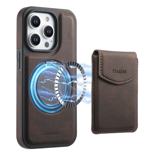 

For iPhone 15 Pro Max Denior D20 Skin Feel MagSafe Holder Detachable Card Slot Phone Case(Brown)