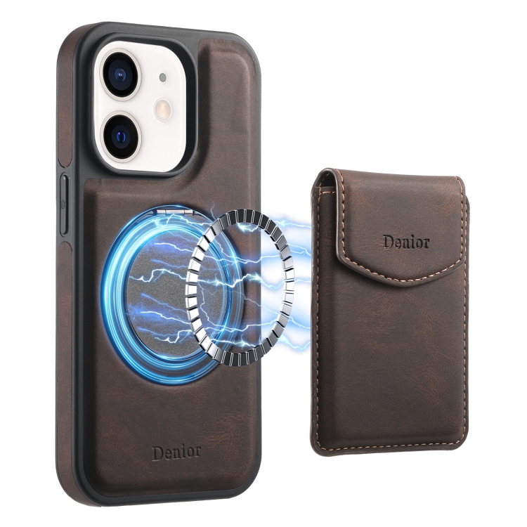 

For iPhone 12 / 12 Pro Denior D20 Skin Feel MagSafe Holder Detachable Card Slot Phone Case(Brown)