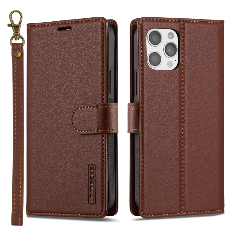 

For iPhone 12 / 12 Pro LC.IMEEKE L2 Series Detachable Magsafe PU Phone Case with Lanyard(Brown)