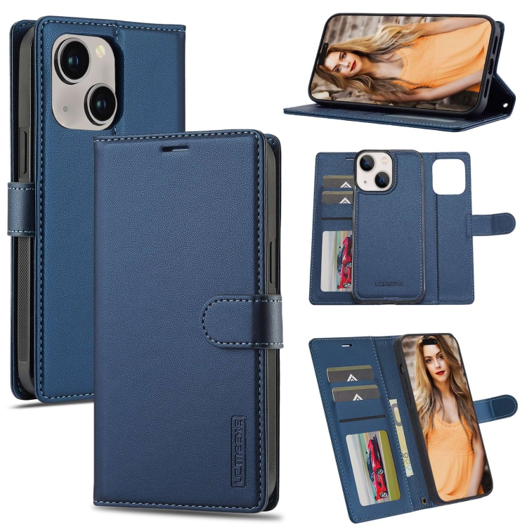 

For iPhone 13 LC.IMEEKE L2 Series Detachable Magsafe PU Phone Case with Lanyard(Blue)