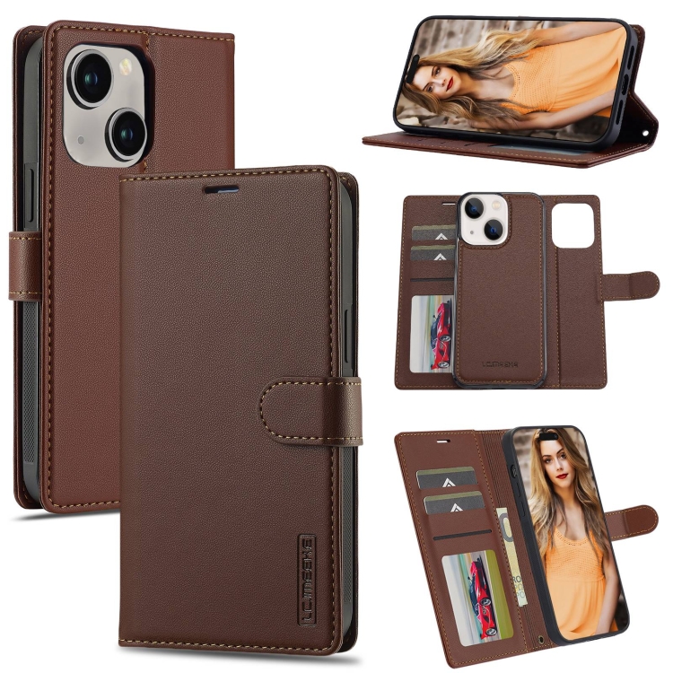 

For iPhone 14 LC.IMEEKE L2 Series Detachable Magsafe PU Phone Case with Lanyard(Brown)