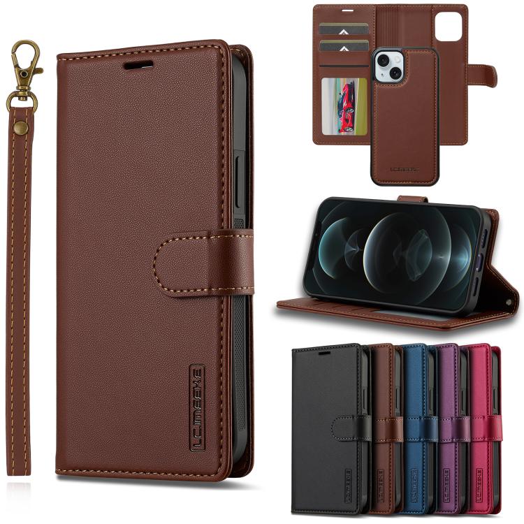 

For iPhone 14 Plus LC.IMEEKE L2 Series Detachable Magsafe PU Phone Case with Lanyard(Brown)