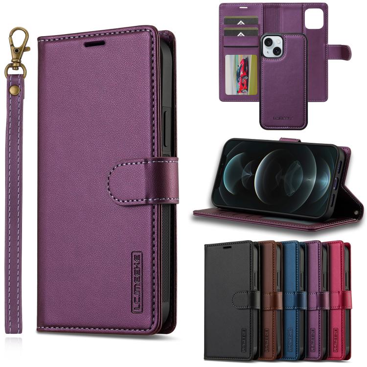 

For iPhone 14 Plus LC.IMEEKE L2 Series Detachable Magsafe PU Phone Case with Lanyard(Purple)