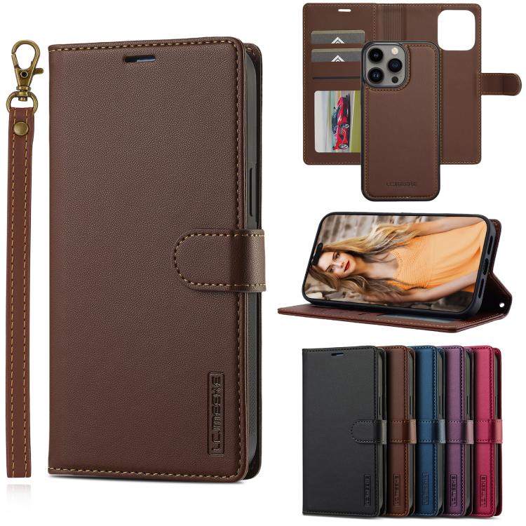 

For iPhone 14 Pro LC.IMEEKE L2 Series Detachable Magsafe PU Phone Case with Lanyard(Brown)