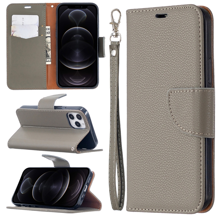 

For iPhone 12 / 12 Pro Litchi Texture Pure Color Horizontal Flip Leather Case with Holder & Card Slots & Wallet & Lanyard(Grey)