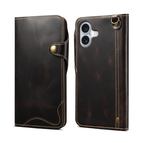 

For iPhone 16 Denior B01 Oil Wax Cowhide Magnetic Button Genuine Leather Case(Black)