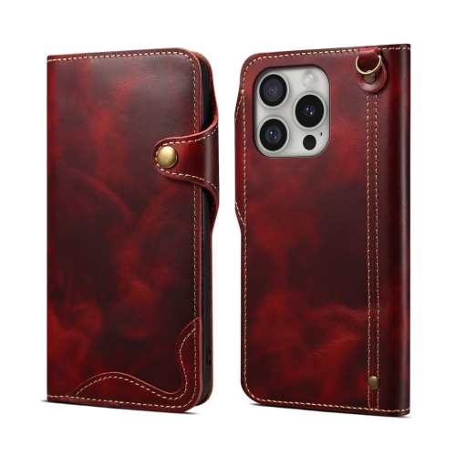 

For iPhone 16 Pro Denior B01 Oil Wax Cowhide Magnetic Button Genuine Leather Case(Red)