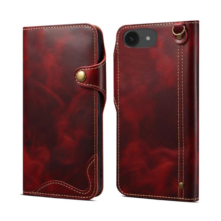 

For iPhone 16e Denior B01 Oil Wax Cowhide Magnetic Button Genuine Leather Case(Red)