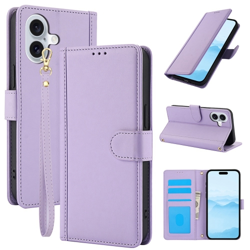 

For iPhone 16 Skin Feel Pure Color Card Slots Leather Phone Case with Dual Lanyard(Purple)