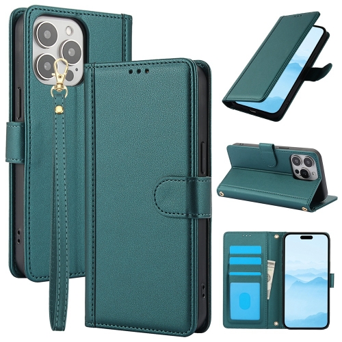 

For iPhone 16 Pro Skin Feel Pure Color Card Slots Leather Phone Case with Dual Lanyard(Green)