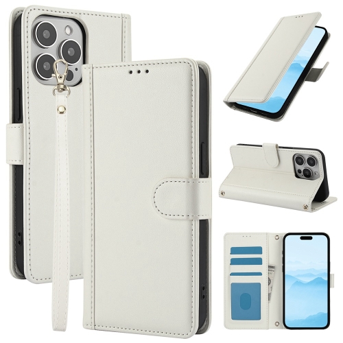 

For iPhone 15 Pro Max Skin Feel Pure Color Card Slots Leather Phone Case with Dual Lanyard(White)