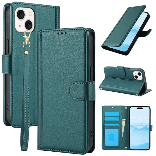 

For iPhone 15 Plus Skin Feel Pure Color Card Slots Leather Phone Case with Dual Lanyard(Green)