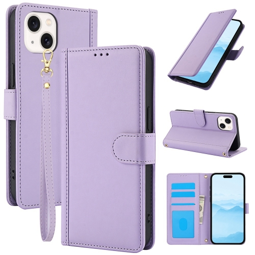 

For iPhone 15 Skin Feel Pure Color Card Slots Leather Phone Case with Dual Lanyard(Purple)