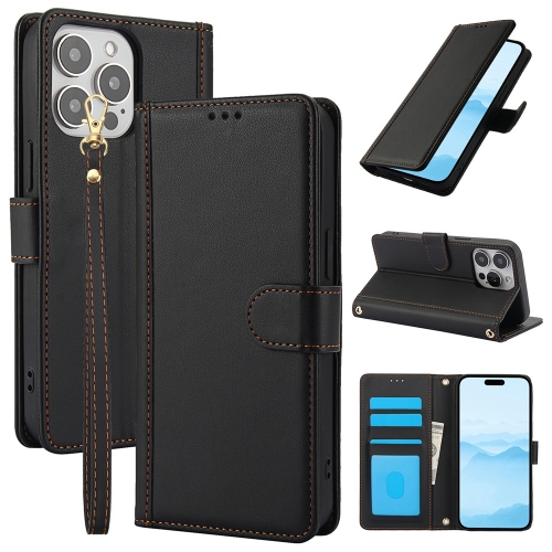 

For iPhone 14 Pro Skin Feel Pure Color Card Slots Leather Phone Case with Dual Lanyard(Black)