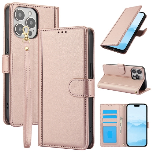 

For iPhone 14 Pro Max Skin Feel Pure Color Card Slots Leather Phone Case with Dual Lanyard(Rose Gold)