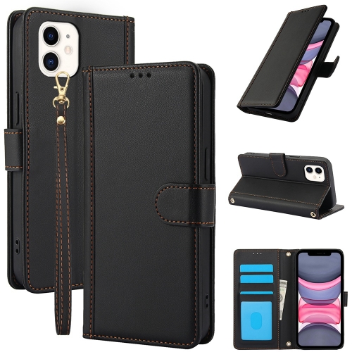 

For iPhone 12 / 12 Pro Skin Feel Pure Color Card Slots Leather Phone Case with Dual Lanyard(Black)