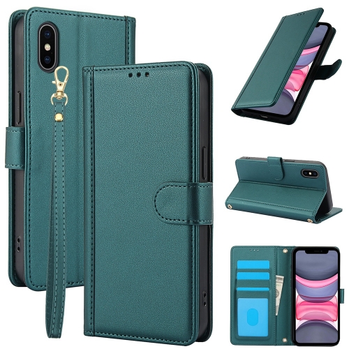 

For iPhone X / XS Skin Feel Pure Color Card Slots Leather Phone Case with Dual Lanyard(Green)