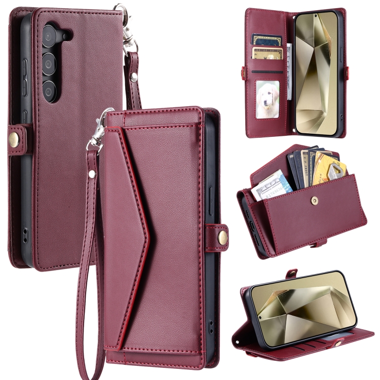 

For Samsung Galaxy S23 5G Wallet Multi-card Slot Leather Phone Case with Lanyard(Wine Red)