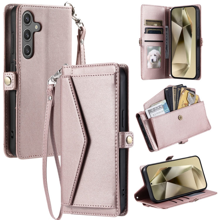 

For Samsung Galaxy S24 FE 5G Wallet Multi-card Slot Leather Phone Case with Lanyard(Rose Gold)