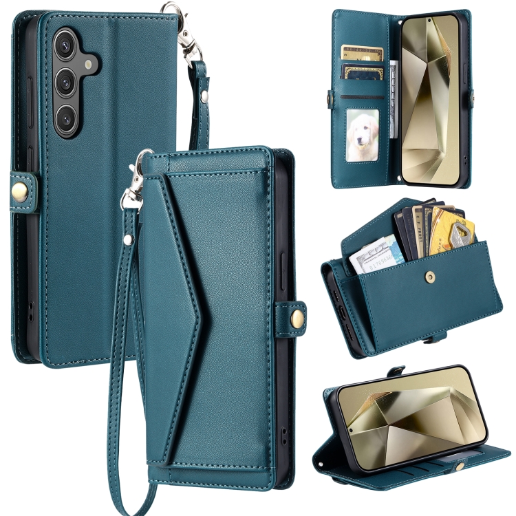 

For Samsung Galaxy S24 FE 5G Wallet Multi-card Slot Leather Phone Case with Lanyard(Green)