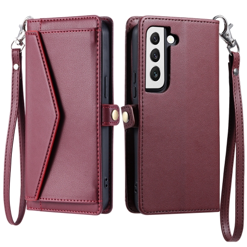 

For Samsung Galaxy S22 5G Wallet Multi-card Slot Leather Phone Case with Lanyard(Wine Red)