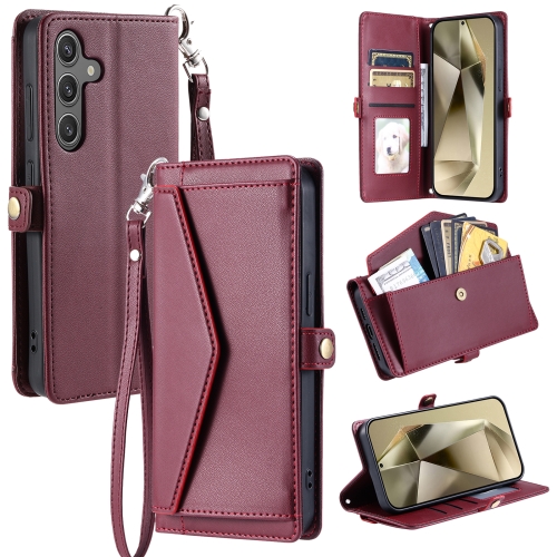 

For Samsung Galaxy S25 5G Wallet Multi-card Slot Leather Phone Case with Lanyard(Wine Red)