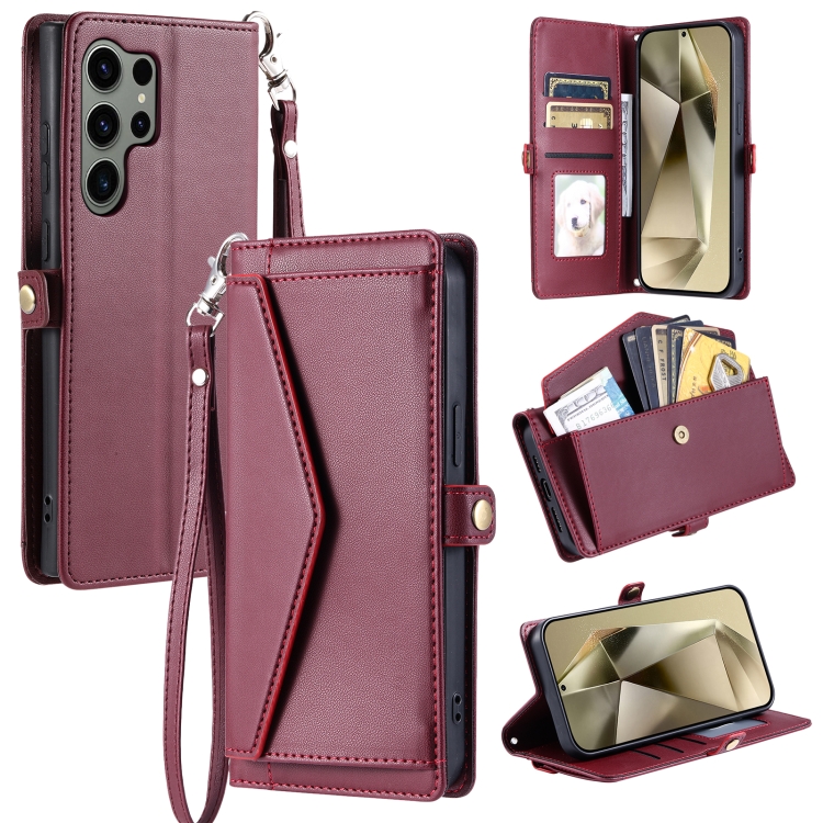 

For Samsung Galaxy S25 Ultra 5G Wallet Multi-card Slot Leather Phone Case with Lanyard(Wine Red)