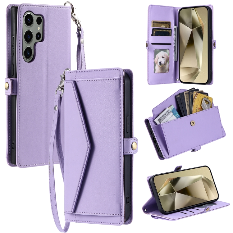 

For Samsung Galaxy S25 Ultra 5G Wallet Multi-card Slot Leather Phone Case with Lanyard(Purple)