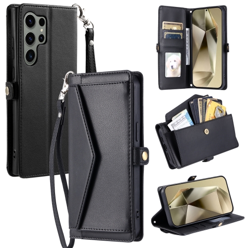 

For Samsung Galaxy S25 Ultra 5G Wallet Multi-card Slot Leather Phone Case with Lanyard(Black)