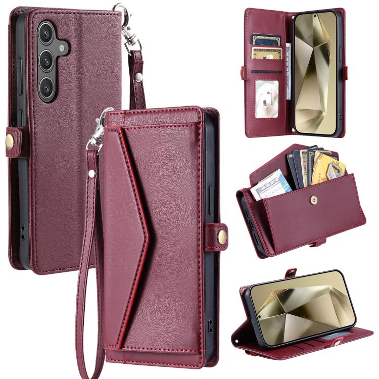 

For Samsung Galaxy S25 FE 5G Wallet Multi-card Slot Leather Phone Case with Lanyard(Wine Red)